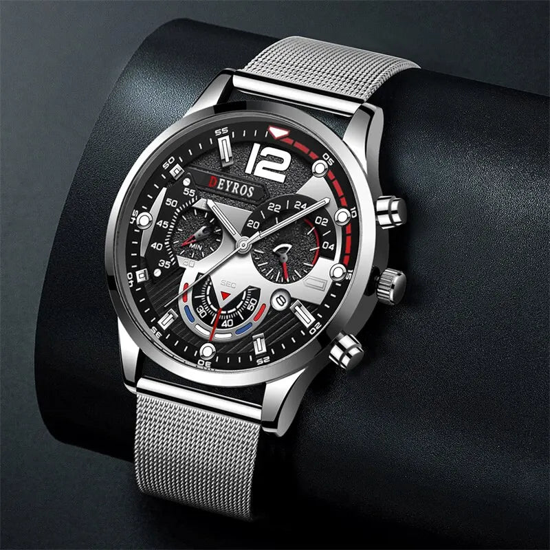 2023 Fashion Mens Business Watches Luxury Stainless Steel Mesh Belt Quartz Wrist Watch Luminous Clock Men Casual Calendar Watch
