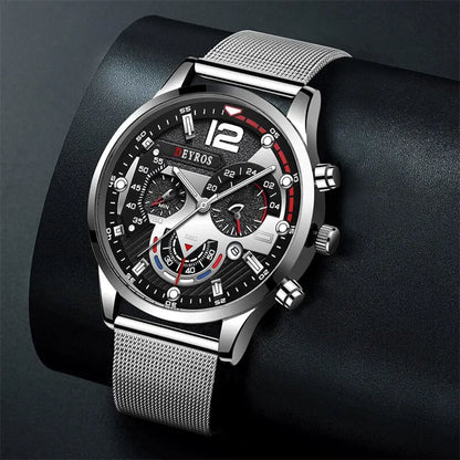 2023 Fashion Mens Business Watches Luxury Stainless Steel Mesh Belt Quartz Wrist Watch Luminous Clock Men Casual Calendar Watch