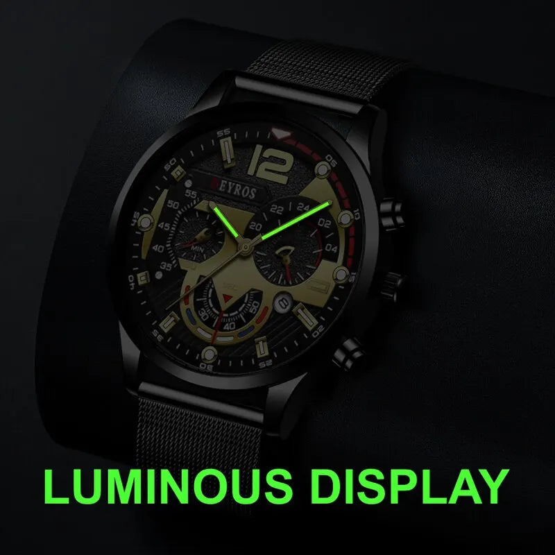 2023 Fashion Mens Business Watches Luxury Stainless Steel Mesh Belt Quartz Wrist Watch Luminous Clock Men Casual Calendar Watch