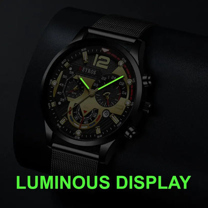 2023 Fashion Mens Business Watches Luxury Stainless Steel Mesh Belt Quartz Wrist Watch Luminous Clock Men Casual Calendar Watch
