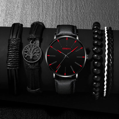5pcs Black Quartz Watches Bracelet Men Business Casual Round Watch Life Tree PU Leather Bracelets Sets