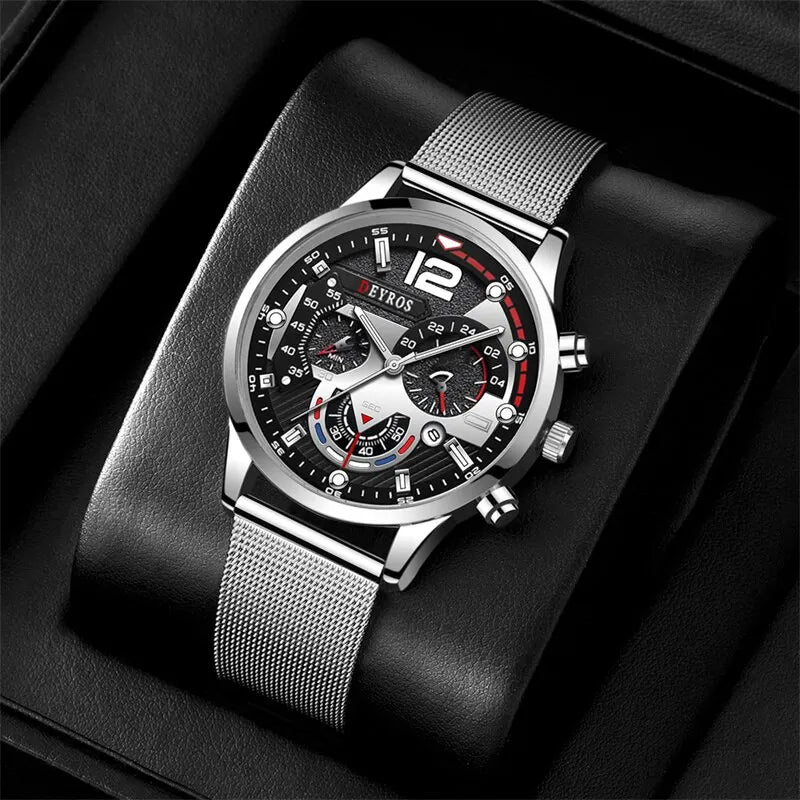 2023 Fashion Mens Business Watches Luxury Stainless Steel Mesh Belt Quartz Wrist Watch Luminous Clock Men Casual Calendar Watch