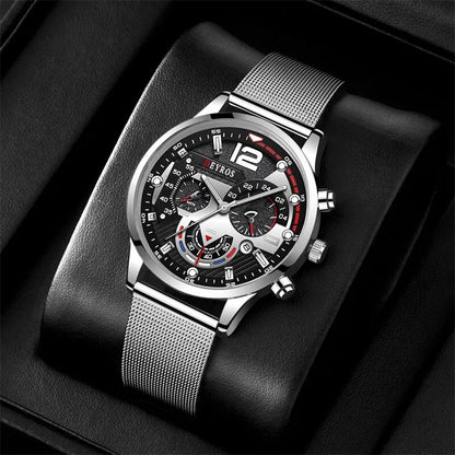 2023 Fashion Mens Business Watches Luxury Stainless Steel Mesh Belt Quartz Wrist Watch Luminous Clock Men Casual Calendar Watch